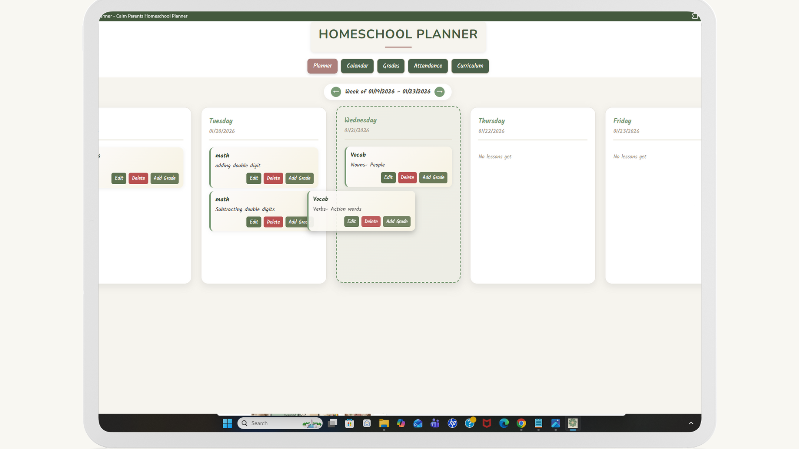 Weekly homeschool planner overview on tablet