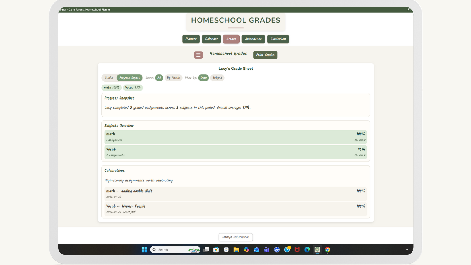 Homeschool attendance tracker on tablet