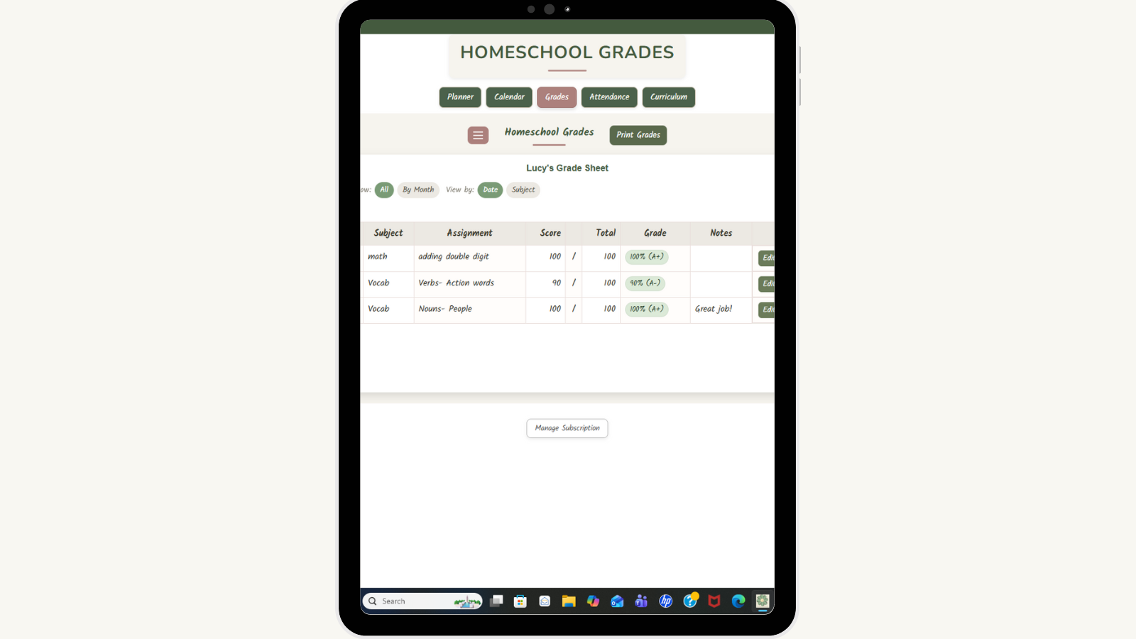 Homeschool grades tracker on tablet