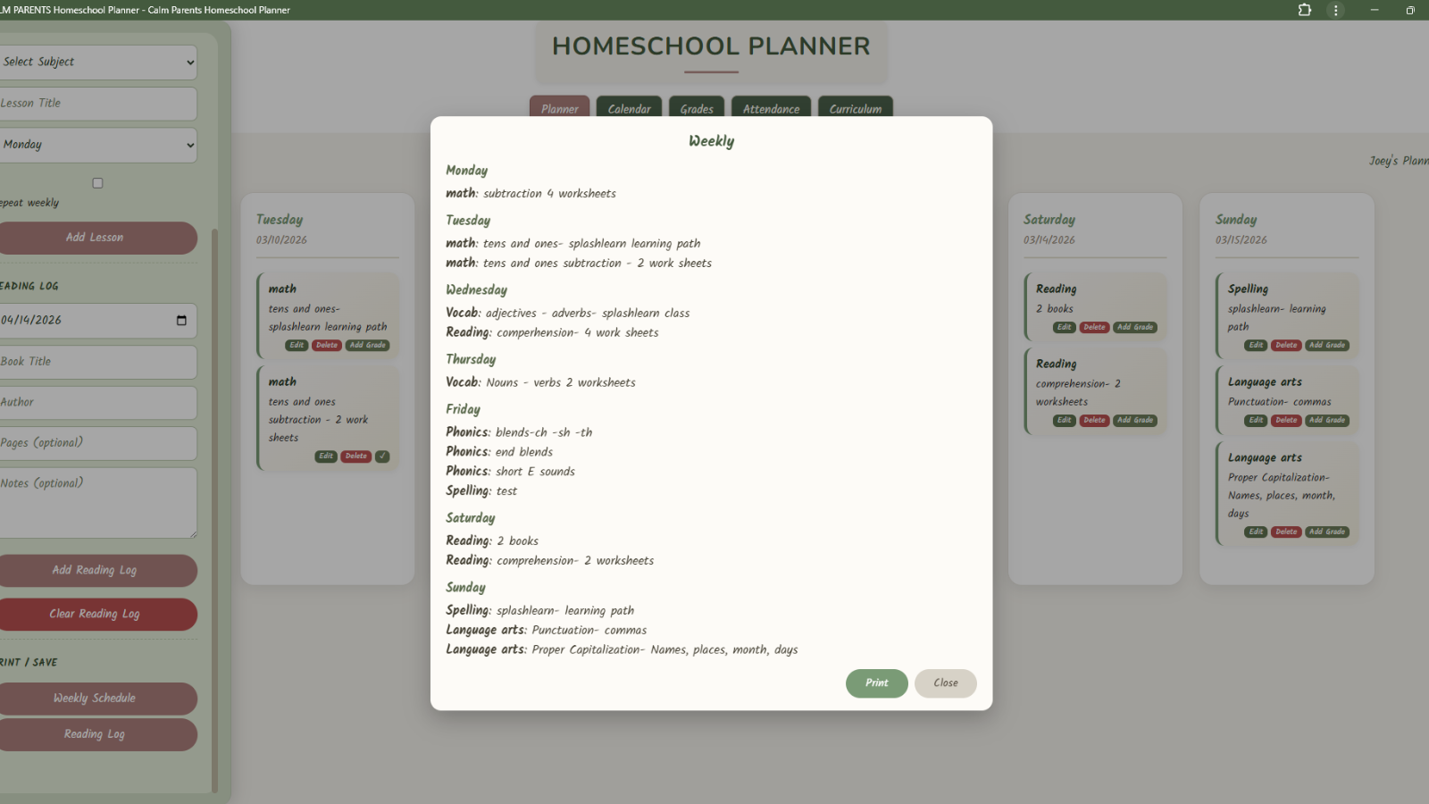Print and save planner