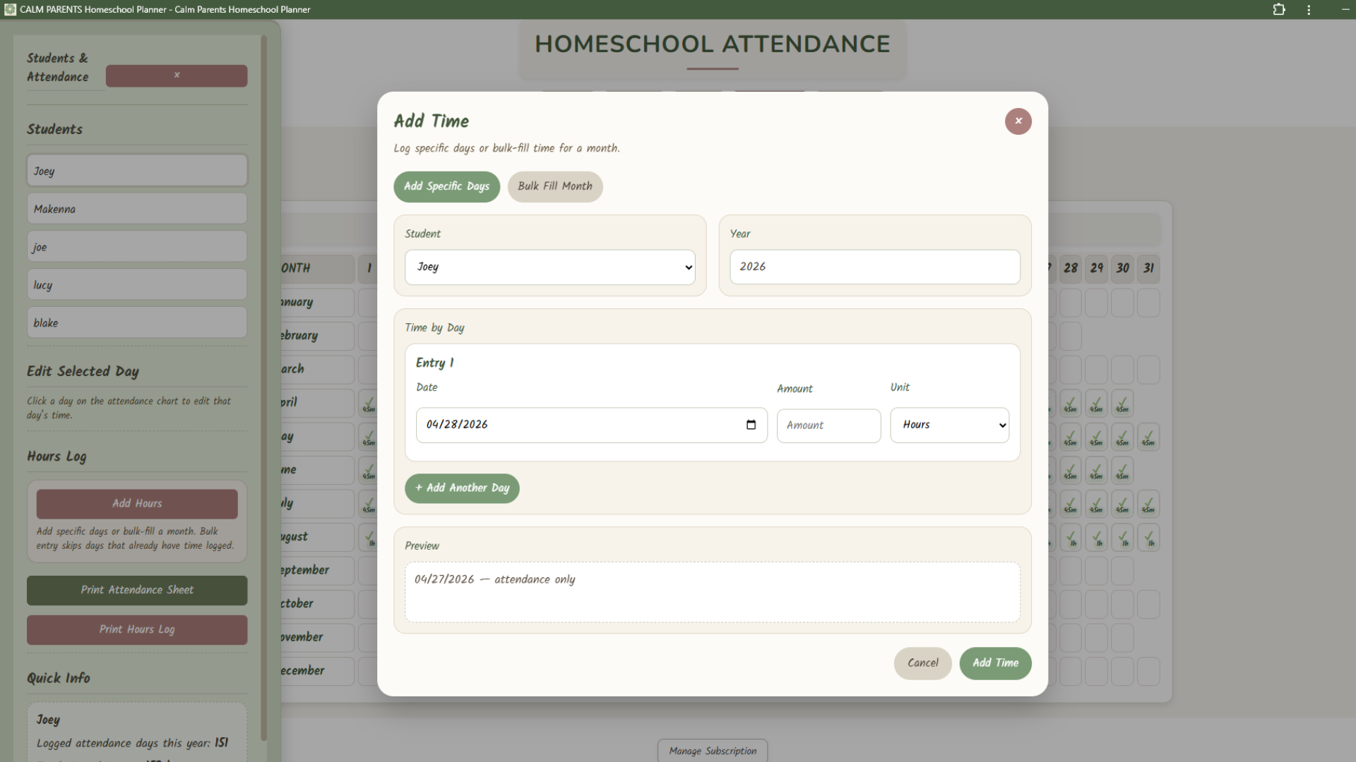 Attendance from planner