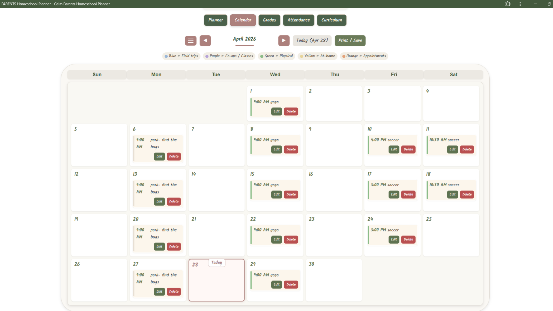 Calendar from planner