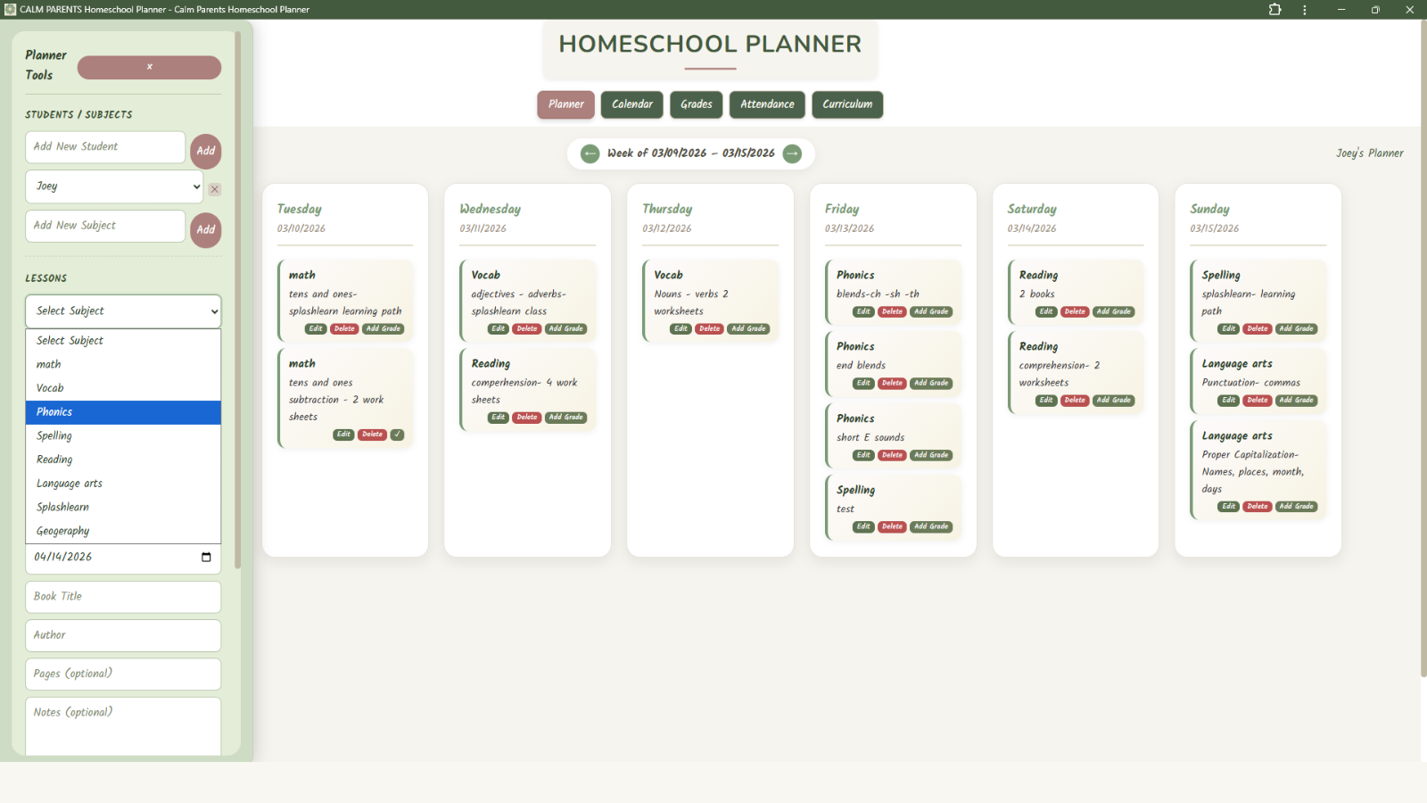Planner sidebar