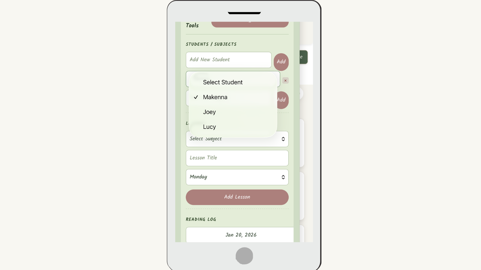 Curriculum and student tabs in Calm Parents Homeschool Planner