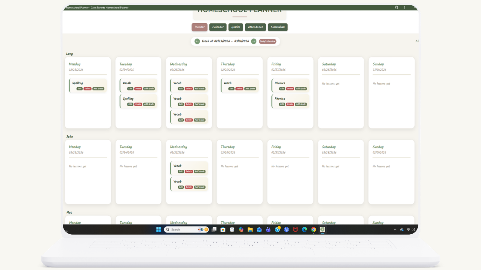 Homeschool planner mobile or tablet detail view
