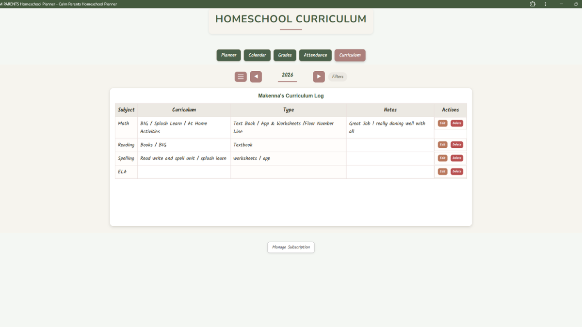 Homeschool curriculum log for organizing books, programs, websites, and resources by subject