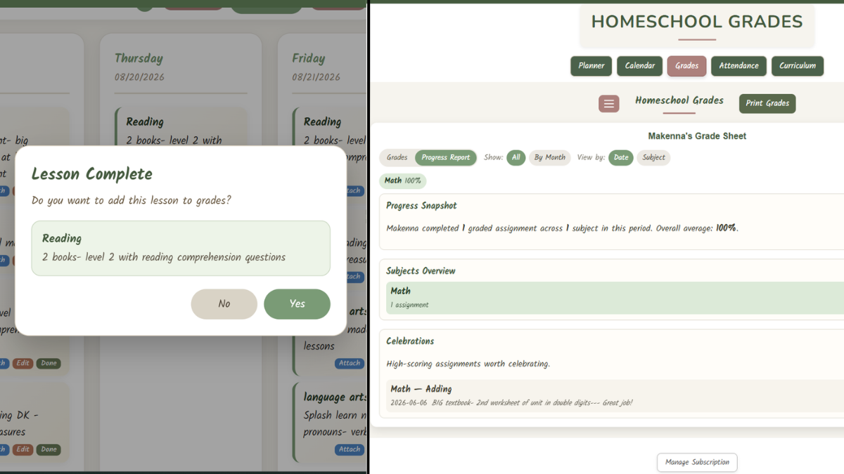 Digital homeschool planner showing lessons connected to homeschool grades and progress reports