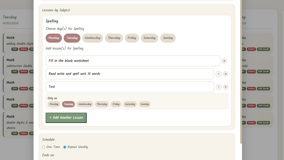 Plan Lessons feature for batch planning homeschool lessons weeks ahead