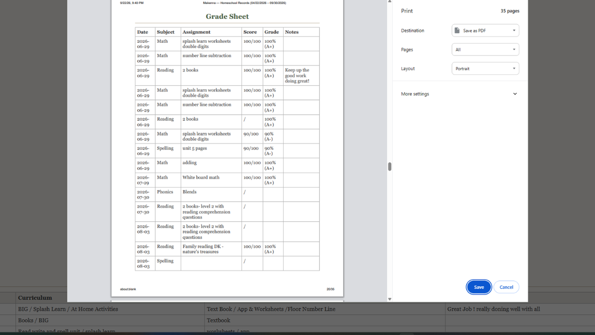 Homeschool planner ready to print or save as a PDF for records and transcripts