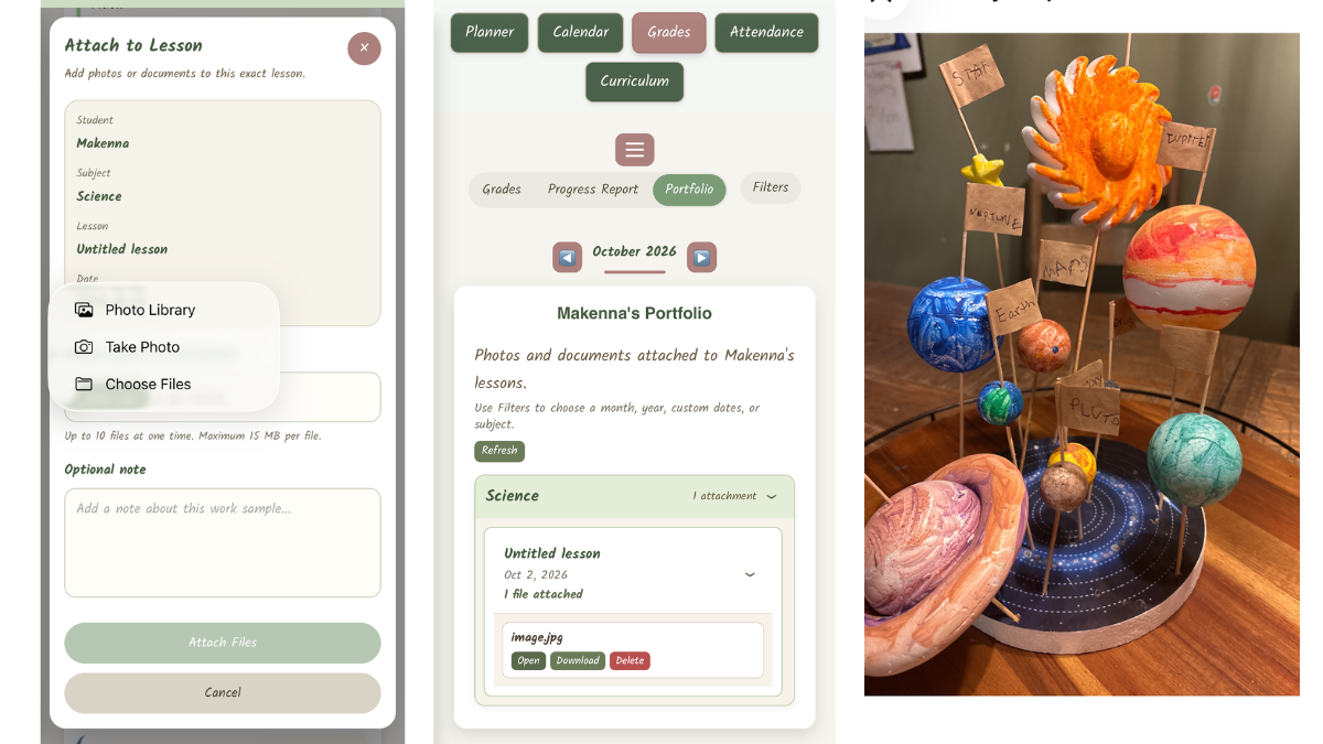 Photos and documentation attached to homeschool lessons inside Calm Parents Homeschool Planner