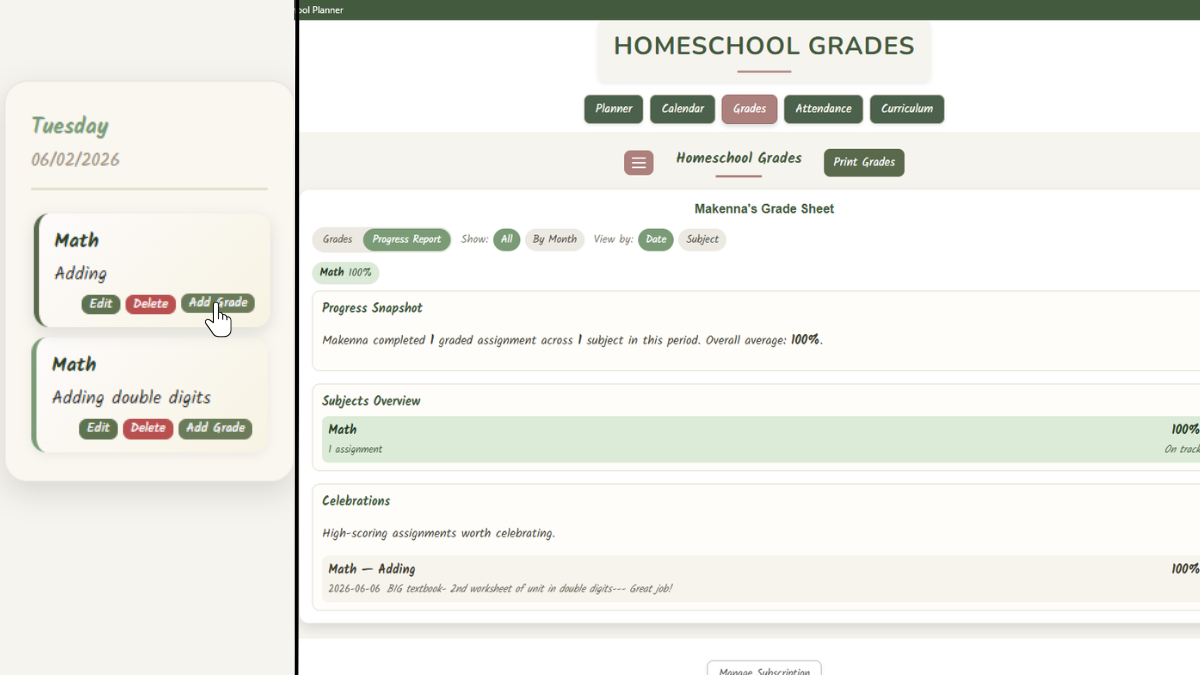 Digital homeschool planner showing lessons connected to homeschool grades and progress reports