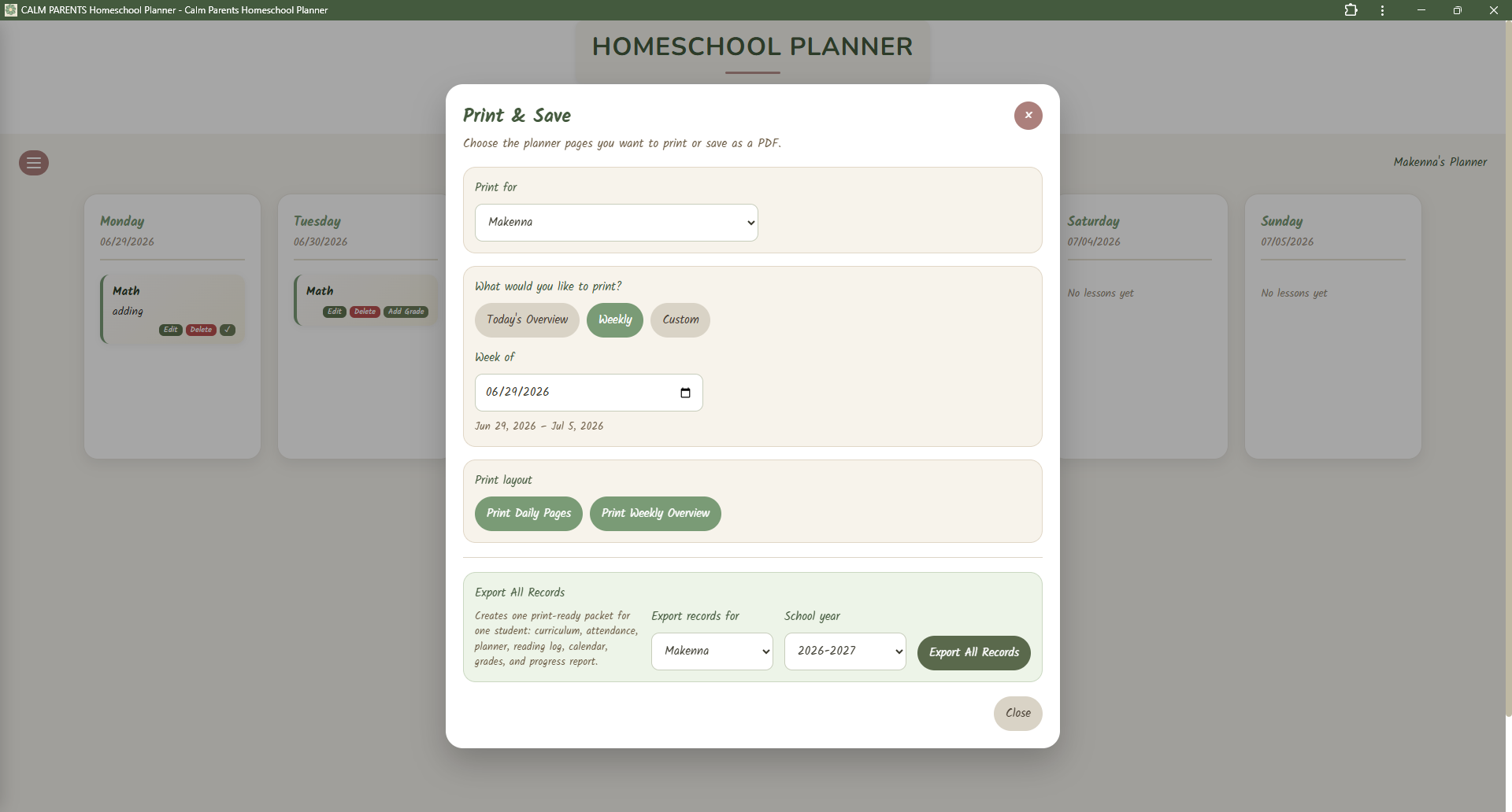 Homeschool record keeping app with print and save options for progress reports