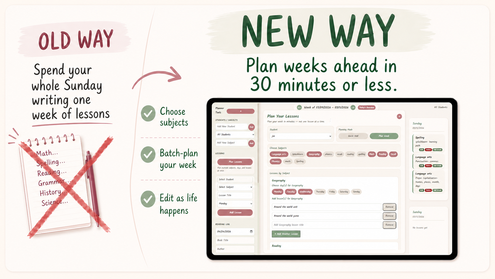 Comparison graphic showing the old way of spending all Sunday writing one week of lessons by hand versus the new way of planning weeks ahead in 30 minutes or less with the Calm Parents Homeschool Planner.