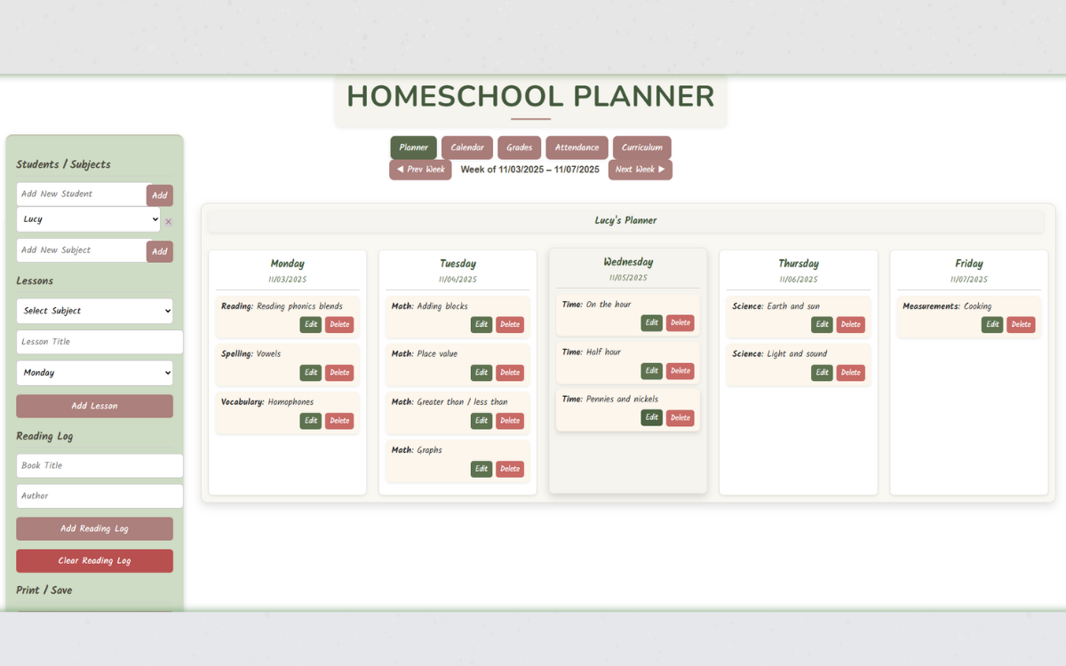 Digital homeschool planner app with drag-and-drop weekly lesson scheduling for multiple students