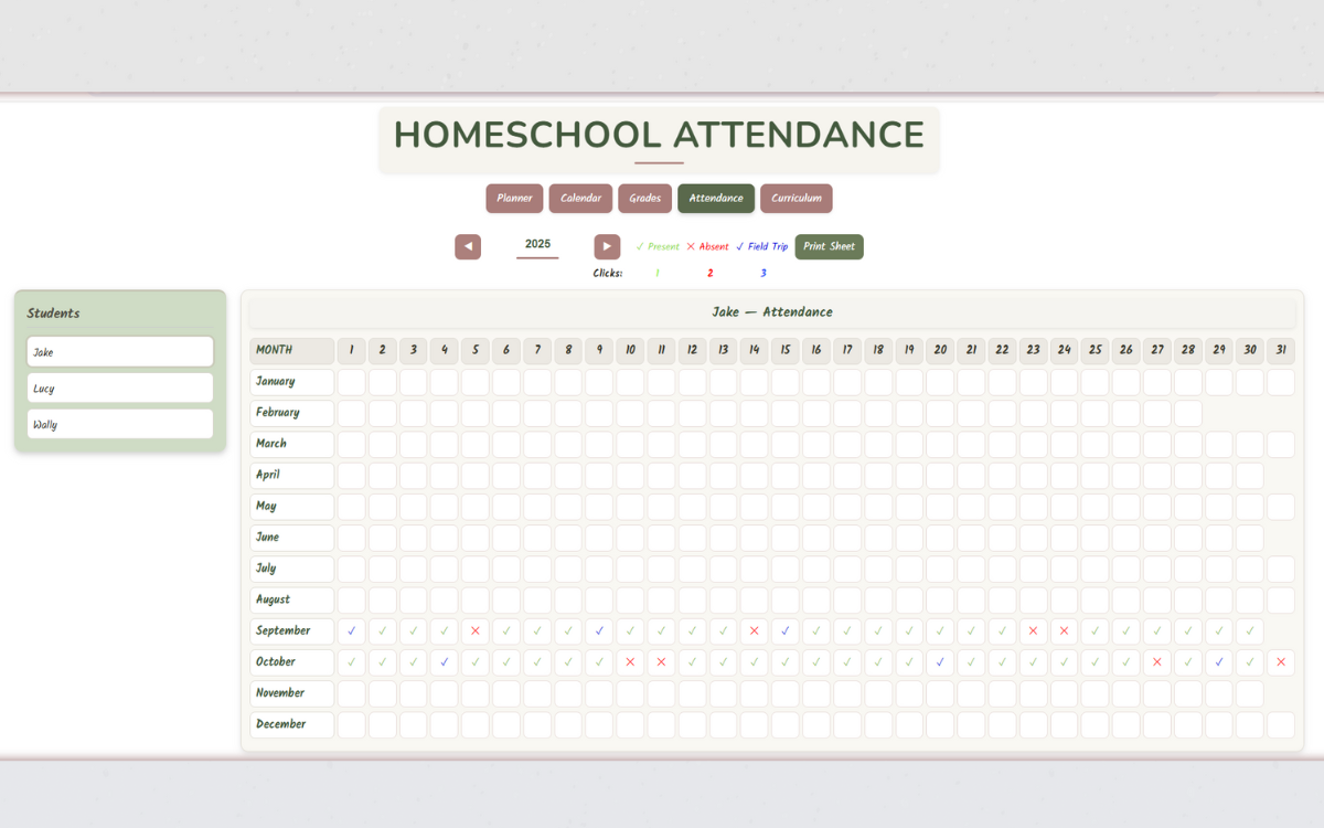 Homeschool attendance tracker app for marking present, absent, or field trip days with one click