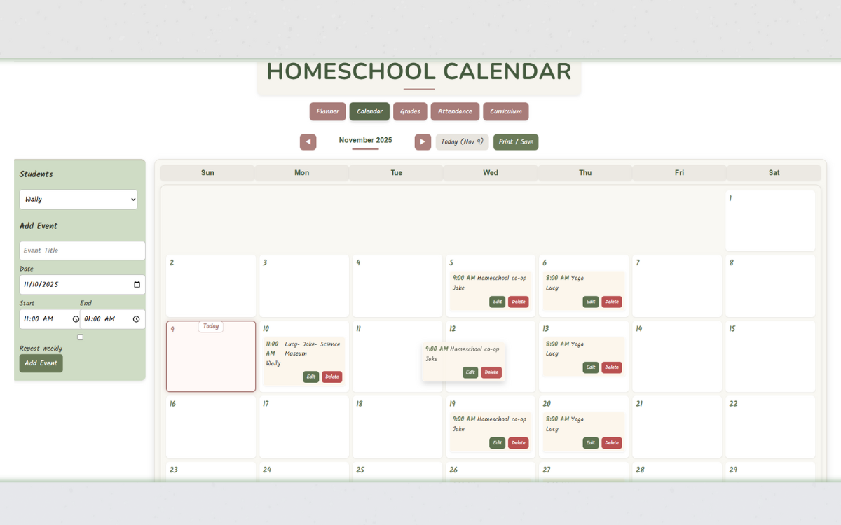 Homeschool calendar planner app displaying co-ops, events, and lesson scheduling